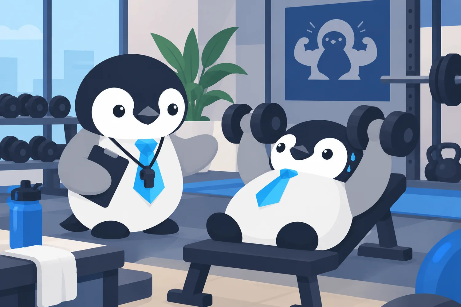 Pinguim instrutor acompanhando outro pinguim em exercício de musculação