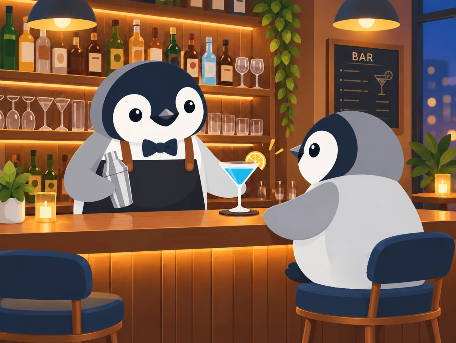 Pinguim bartender preparando um drinque para um cliente no bar