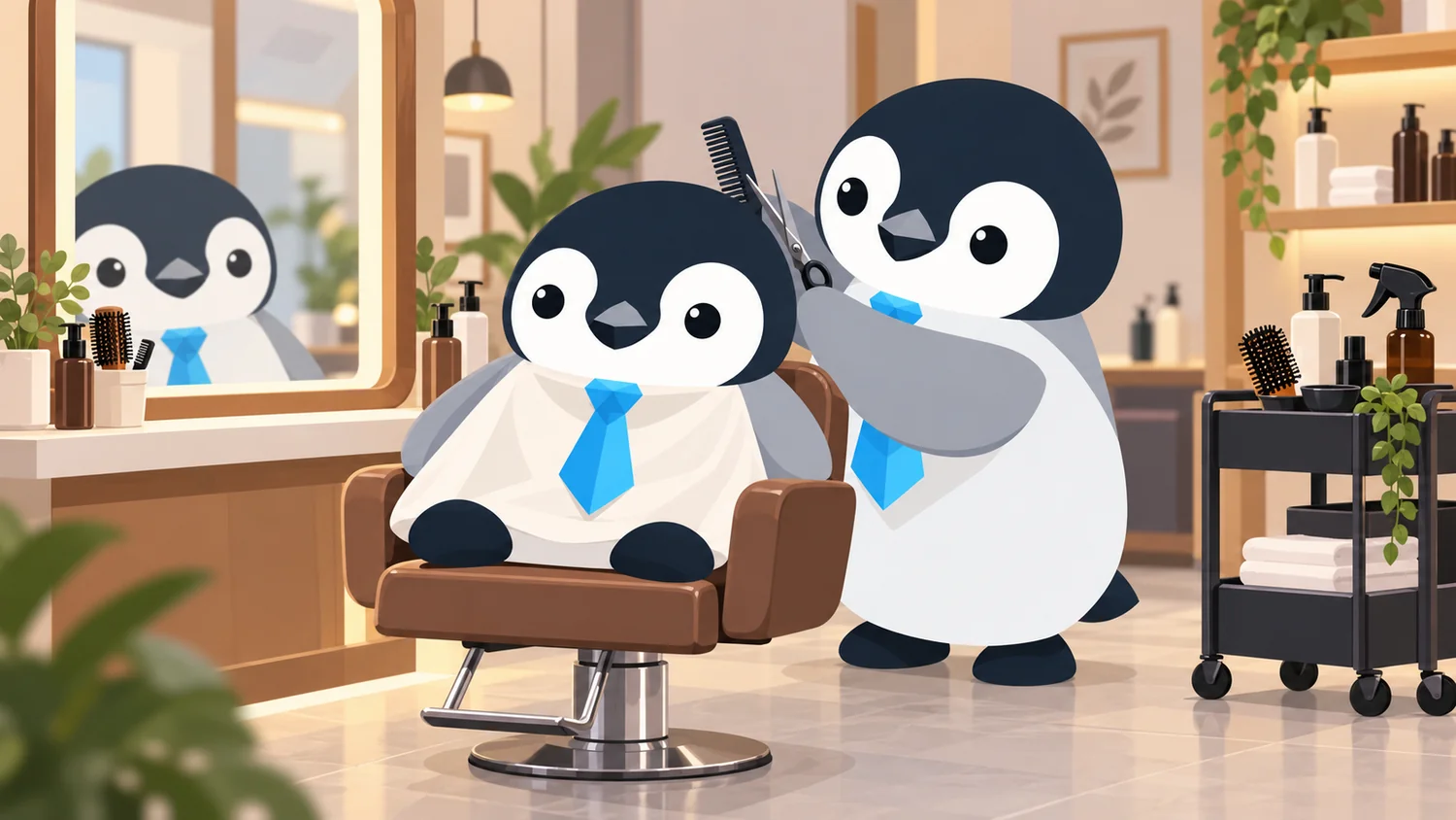 Pinguim cabeleireiro atendendo cliente em salão de beleza
