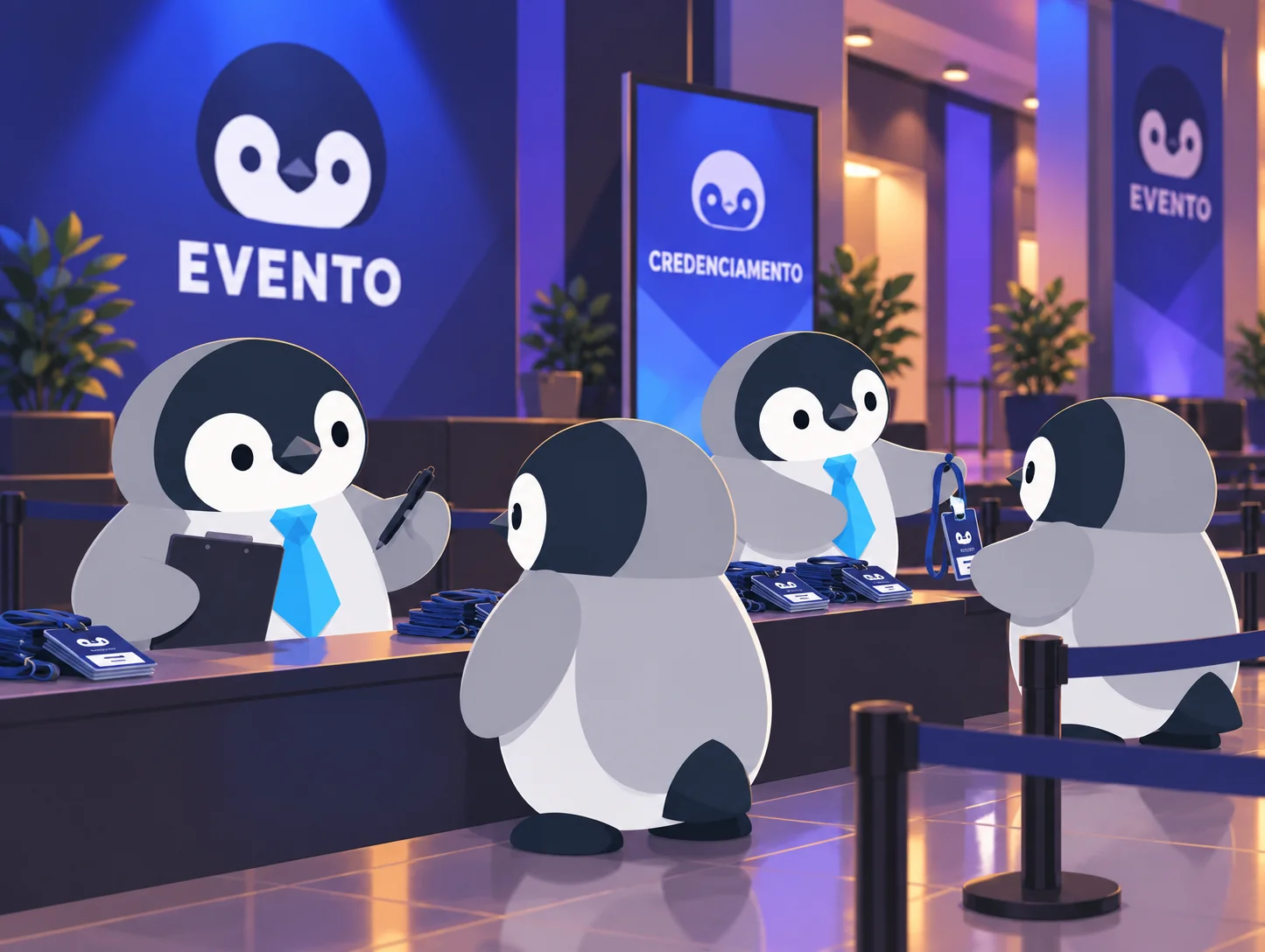 Pinguins organizando o credenciamento de um evento