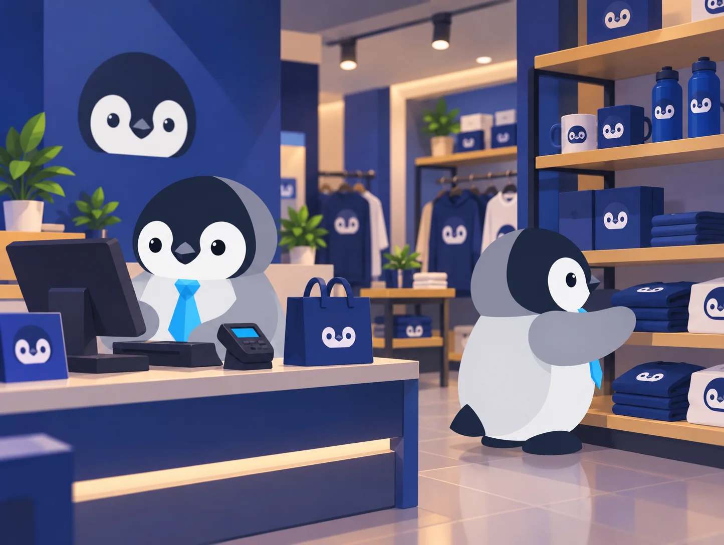 Pinguins trabalhando no caixa e organizando produtos em loja física
