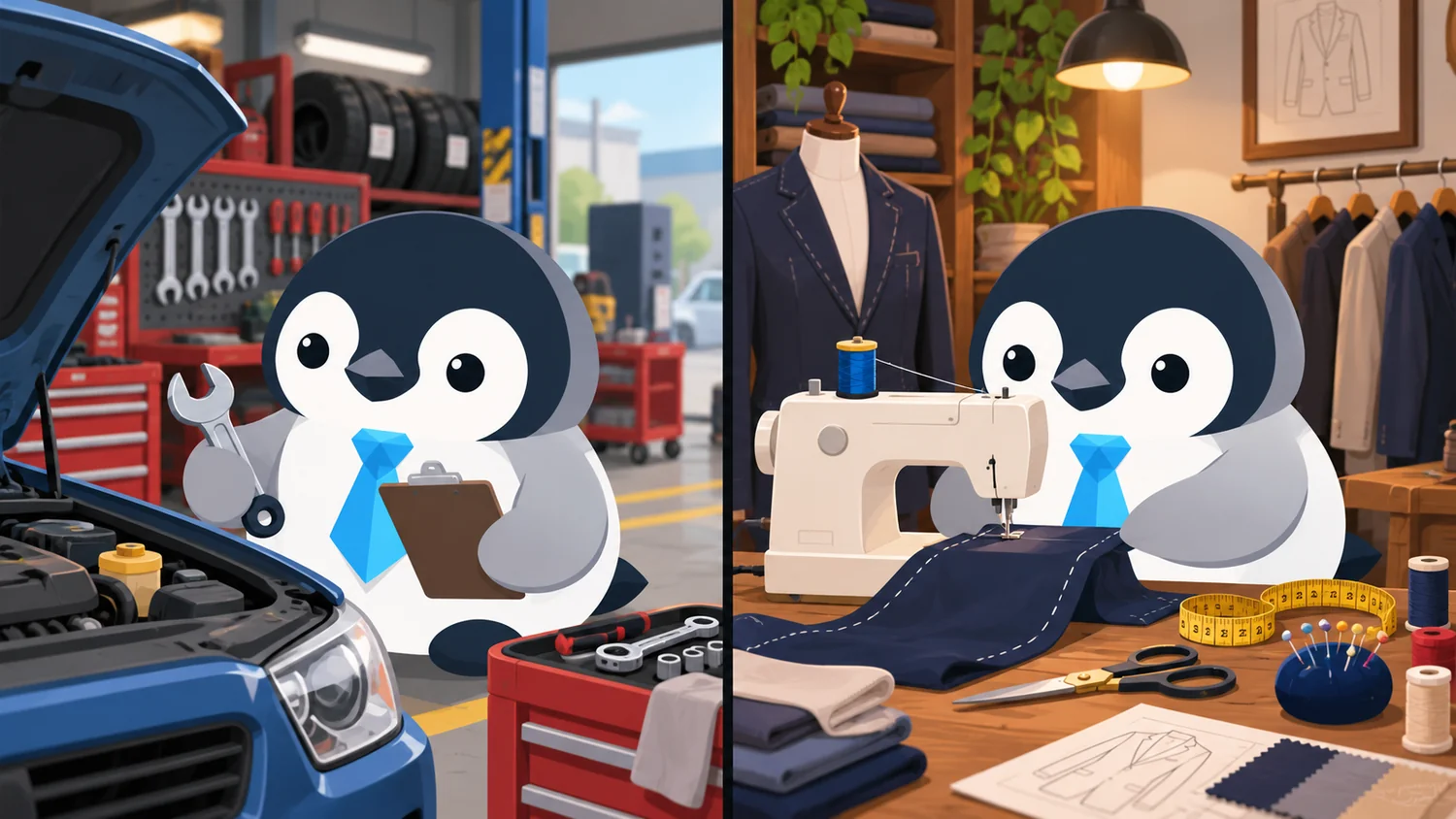 Pinguim mecânico e pinguim costureiro trabalhando em suas oficinas