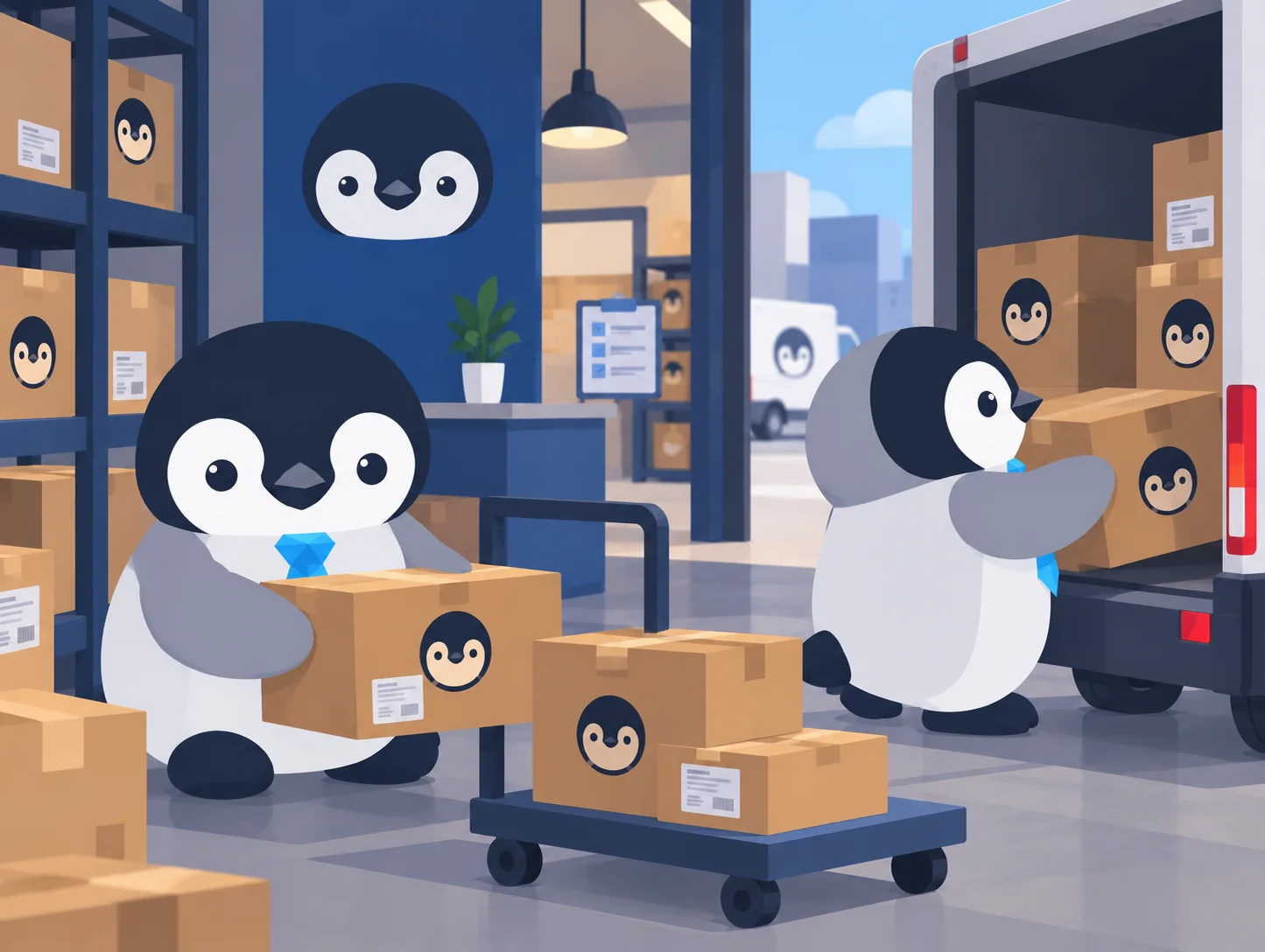 Pinguins separando caixas para entregas de compras online