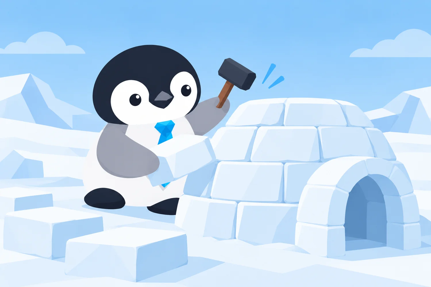 Pinguim construindo seu próprio iglu no gelo
