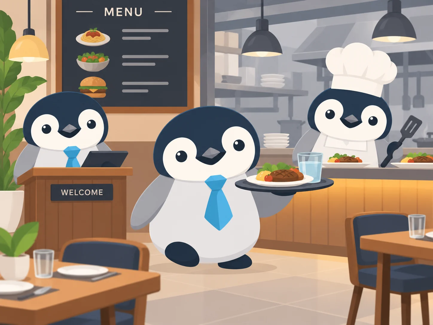 Pinguins trabalhando como recepcionista, garçom e cozinheiro em restaurante