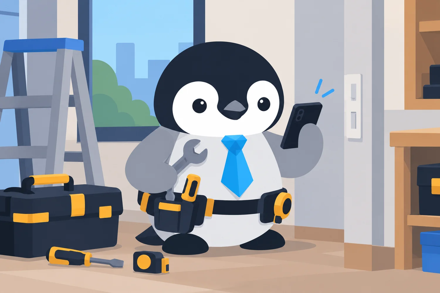 Pinguim prestador de serviços usando ferramentas e celular