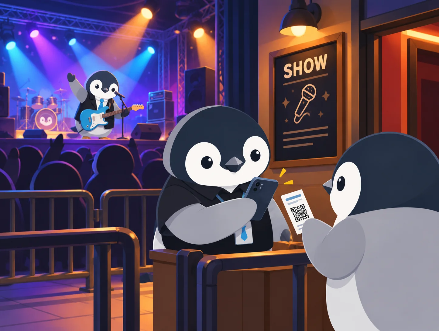 Pinguins usando ingressos digitais em casa de shows com música ao vivo