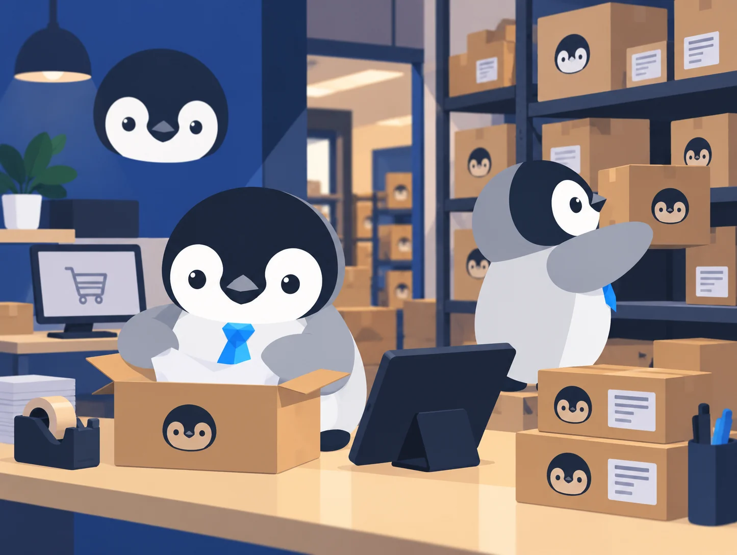 Pinguins embalando pedidos e conferindo estoque no comércio